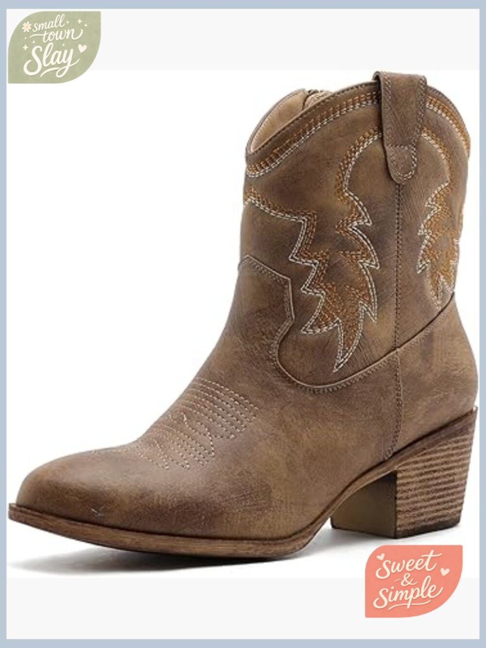 Cowgirl Ankle Boots with Stitching Low Heel Side Zipper Memory Foam Pointed Toe - Picture 1 of 7